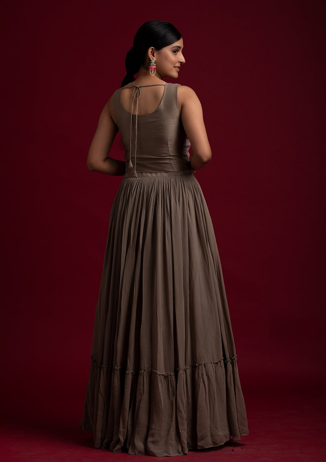 Light Brown Sequins Georgette Designer Gown - koskii