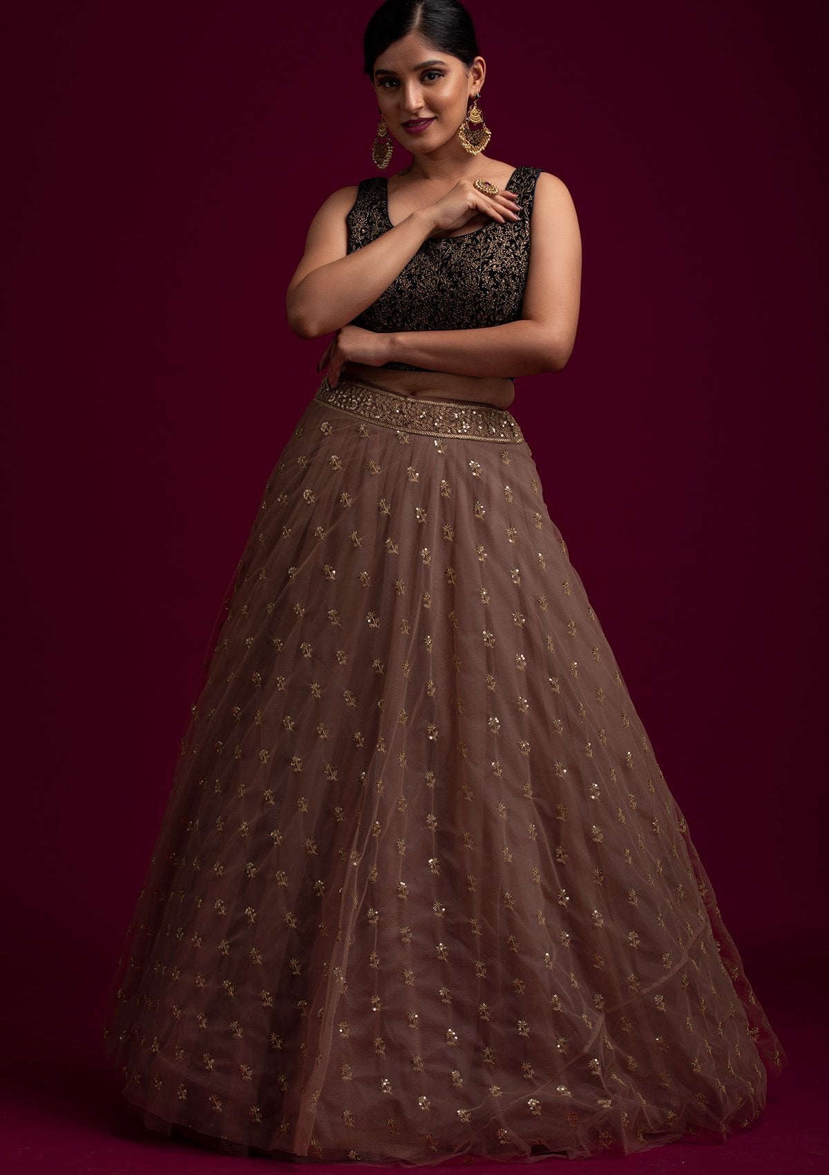 Light Brown Sequins Net Designer Skirt - koskii