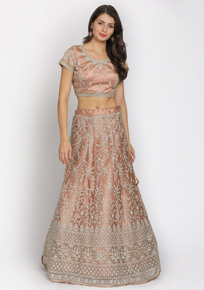 Light Brown Silver Stonework Net Designer Semi-Stitched Lehenga - koskii