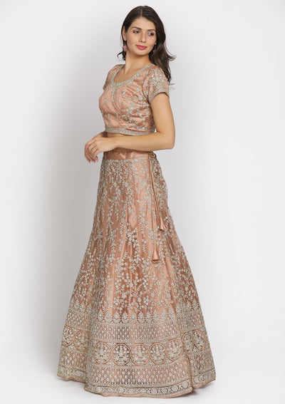 Light Brown Silver Stonework Net Designer Semi-Stitched Lehenga - koskii