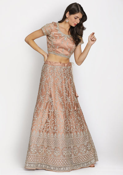 Light Brown Silver Stonework Net Designer Semi-Stitched Lehenga - koskii