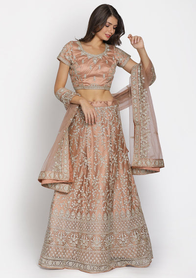 Light Brown Silver Stonework Net Designer Semi-Stitched Lehenga - koskii