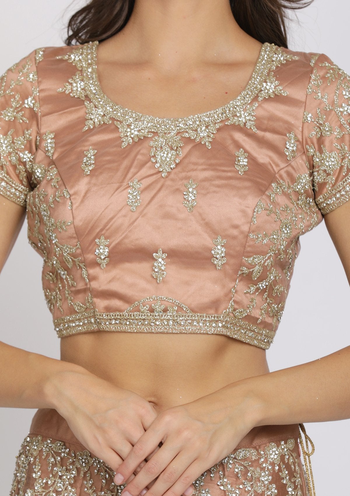 Light Brown Silver Stonework Net Designer Semi-Stitched Lehenga - koskii