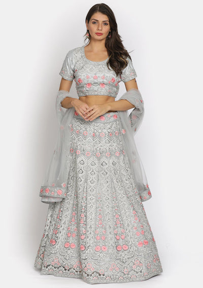 Light Grey Silver Stonework Net Designer Semi-Stitched Lehenga - koskii