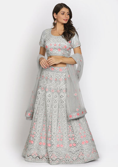Light Grey Silver Stonework Net Designer Semi-Stitched Lehenga - koskii