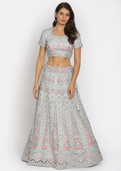 Light Grey Silver Stonework Net Designer Semi-Stitched Lehenga - koskii