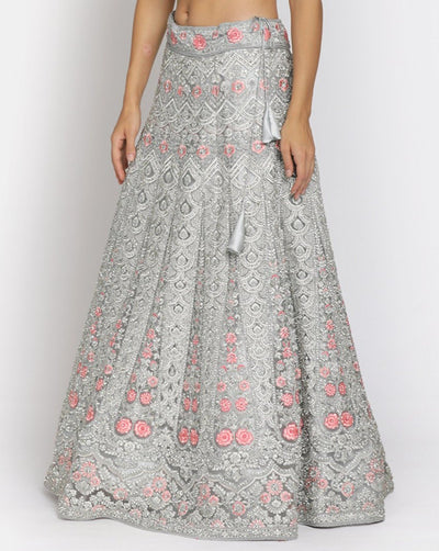 Light Grey Silver Stonework Net Designer Semi-Stitched Lehenga - koskii