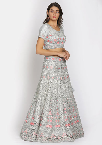 Light Grey Silver Stonework Net Designer Semi-Stitched Lehenga - koskii