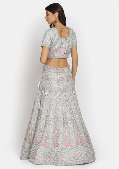 Light Grey Silver Stonework Net Designer Semi-Stitched Lehenga - koskii