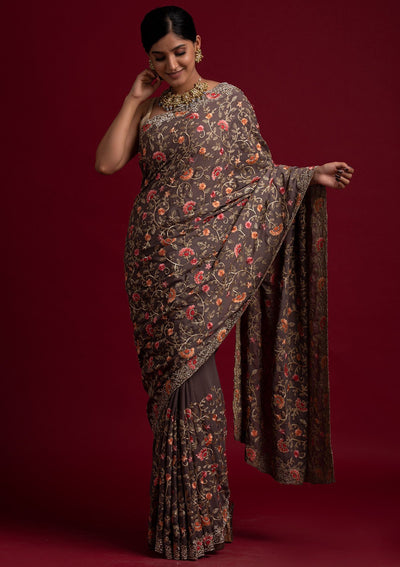 Light Grey Silver Stonework Semi Crepe Designer Saree - koskii