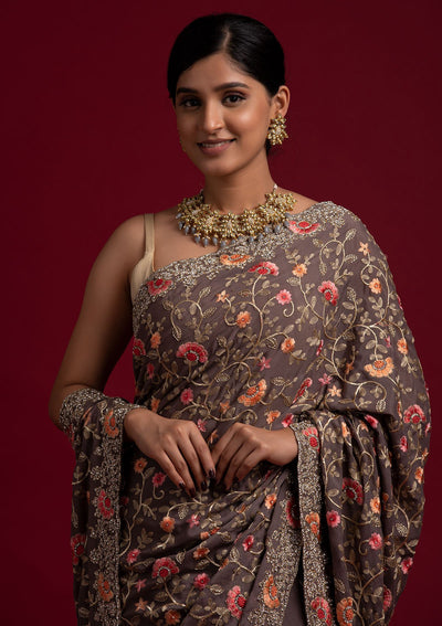 Light Grey Silver Stonework Semi Crepe Designer Saree - koskii