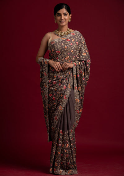 Light Grey Silver Stonework Semi Crepe Designer Saree - koskii