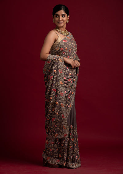 Light Grey Silver Stonework Semi Crepe Designer Saree - koskii