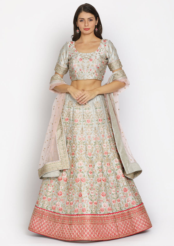Light Grey Threadwork Raw Silk Designer Semi-Stitched Lehenga - koskii