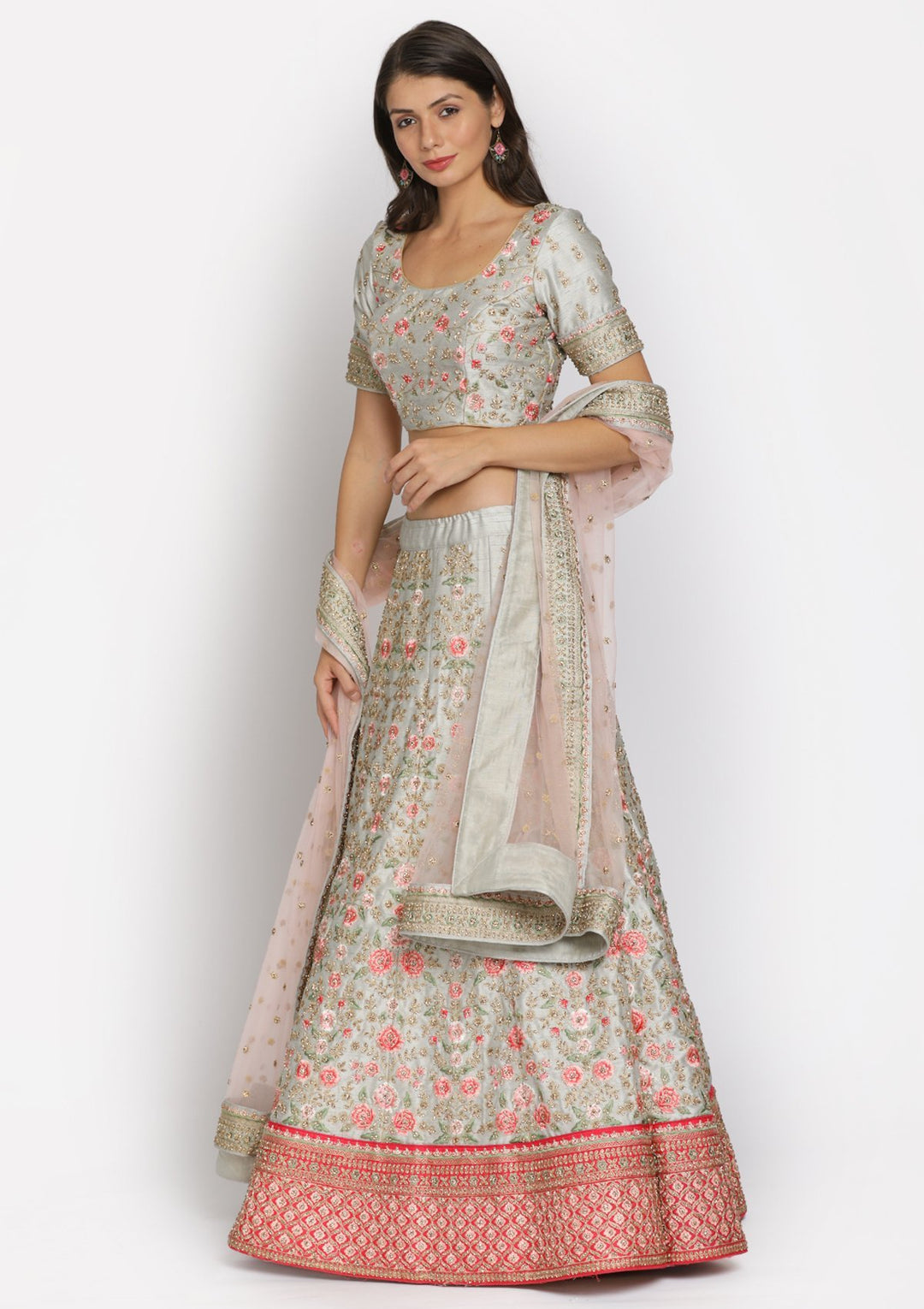 Light Grey Threadwork Raw Silk Designer Semi-Stitched Lehenga - koskii