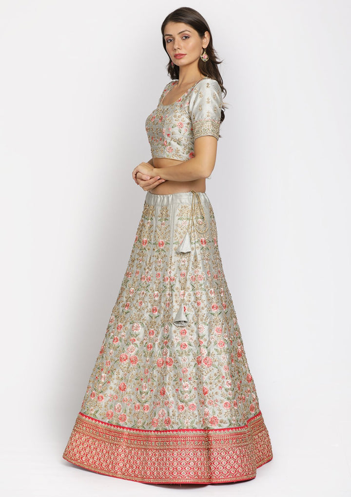 Light Grey Threadwork Raw Silk Designer Semi-Stitched Lehenga - koskii