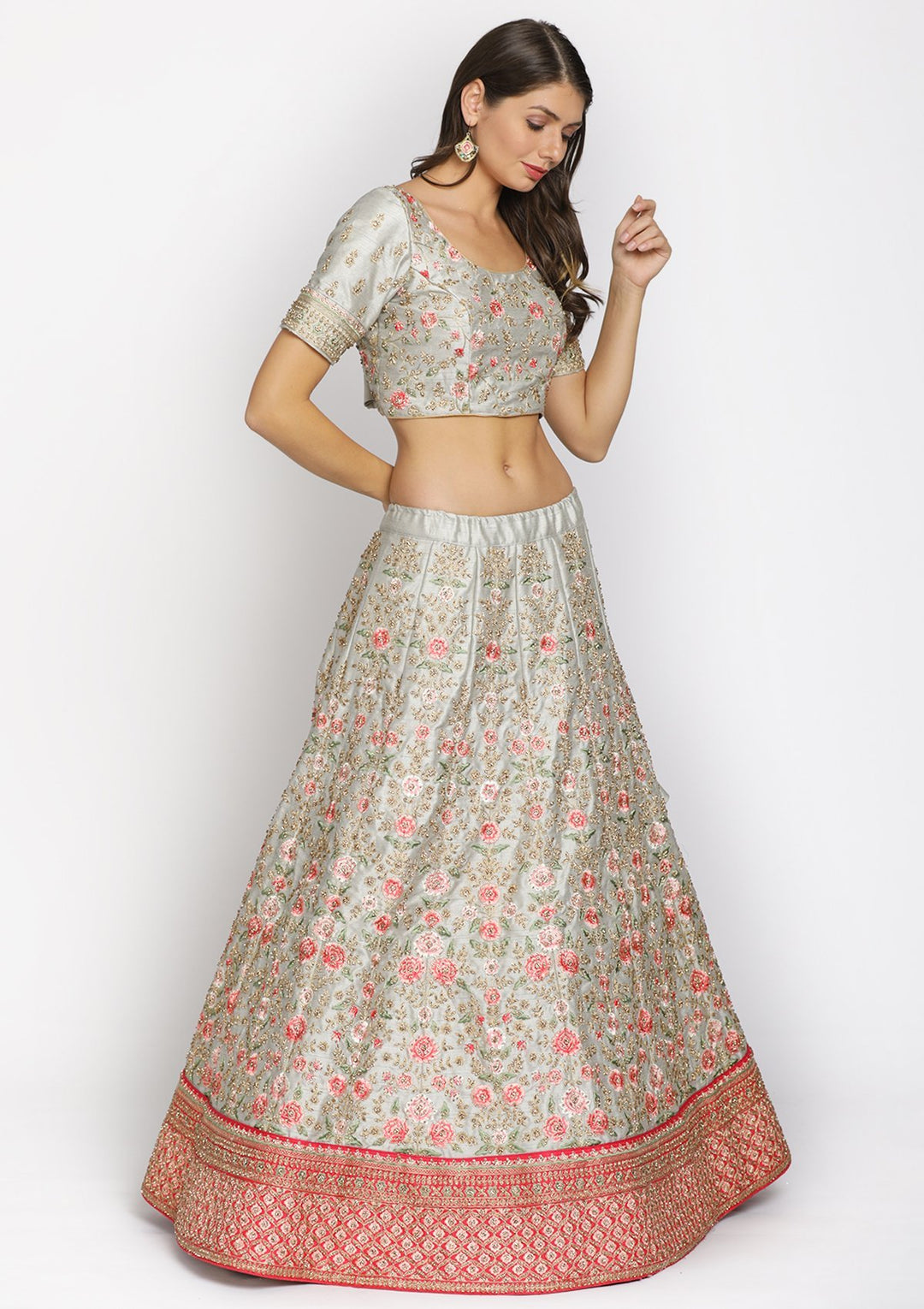 Light Grey Threadwork Raw Silk Designer Semi-Stitched Lehenga - koskii