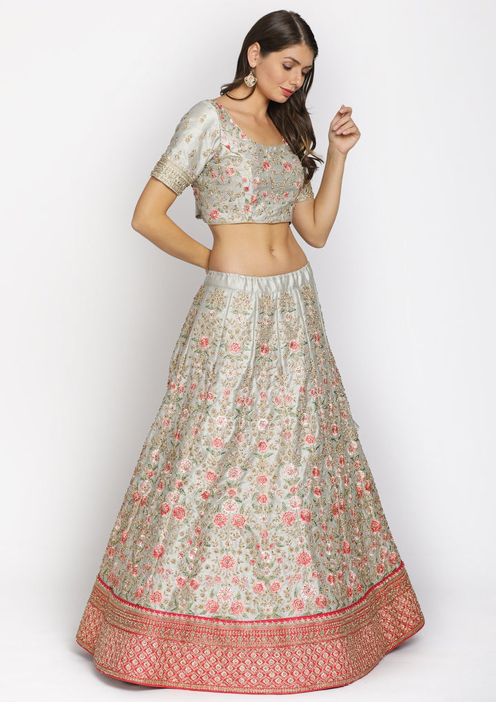 Light Grey Threadwork Raw Silk Designer Semi-Stitched Lehenga - koskii