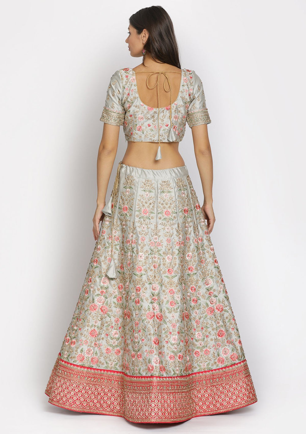 Light Grey Threadwork Raw Silk Designer Semi-Stitched Lehenga - koskii