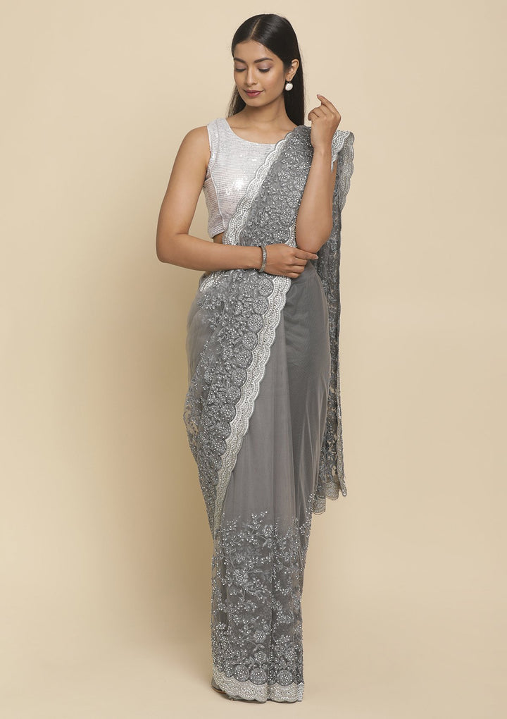 Light Grey Silver Stonework  Net Designer Saree - koskii