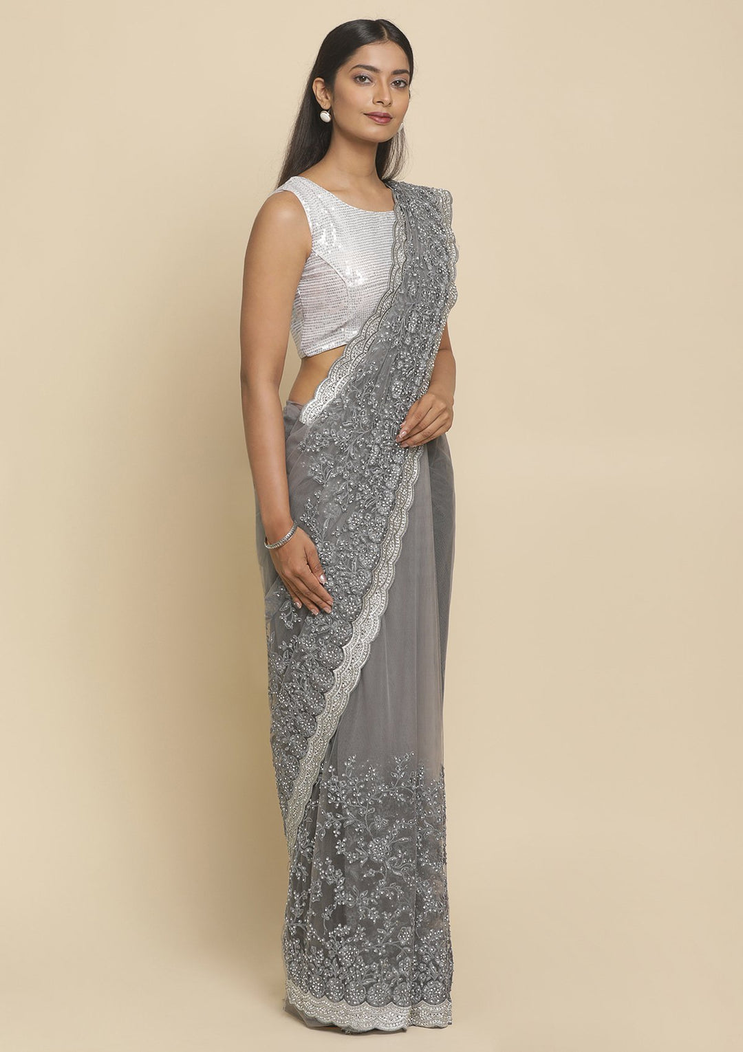 Light Grey Silver Stonework  Net Designer Saree - koskii