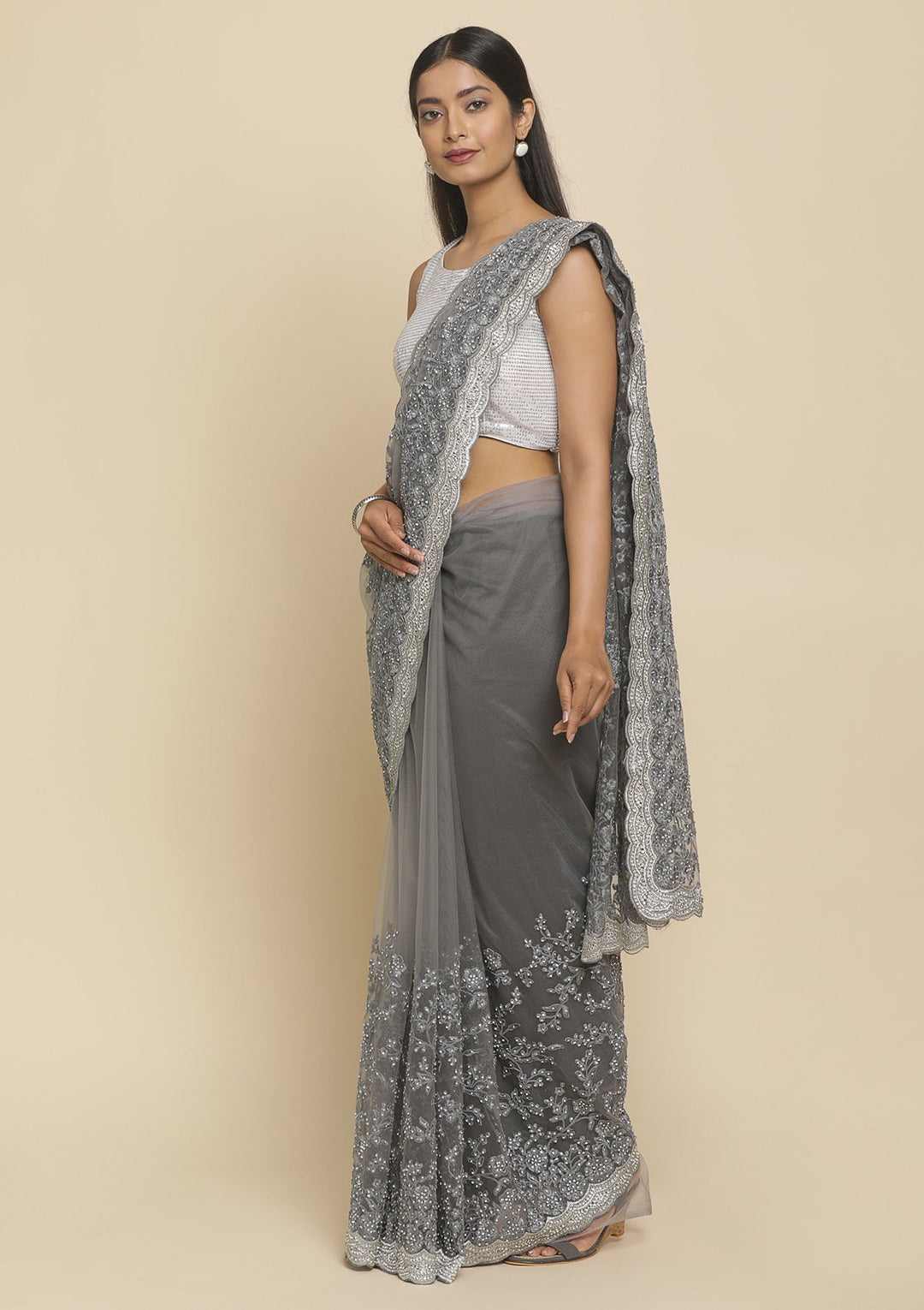 Light Grey Silver Stonework  Net Designer Saree - koskii