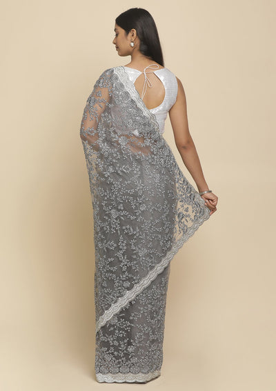 Light Grey Silver Stonework  Net Designer Saree - koskii