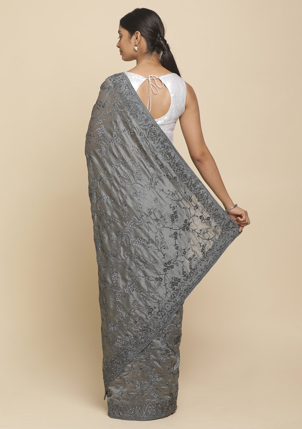 Light Grey Stonework  Art Silk Designer Saree - koskii