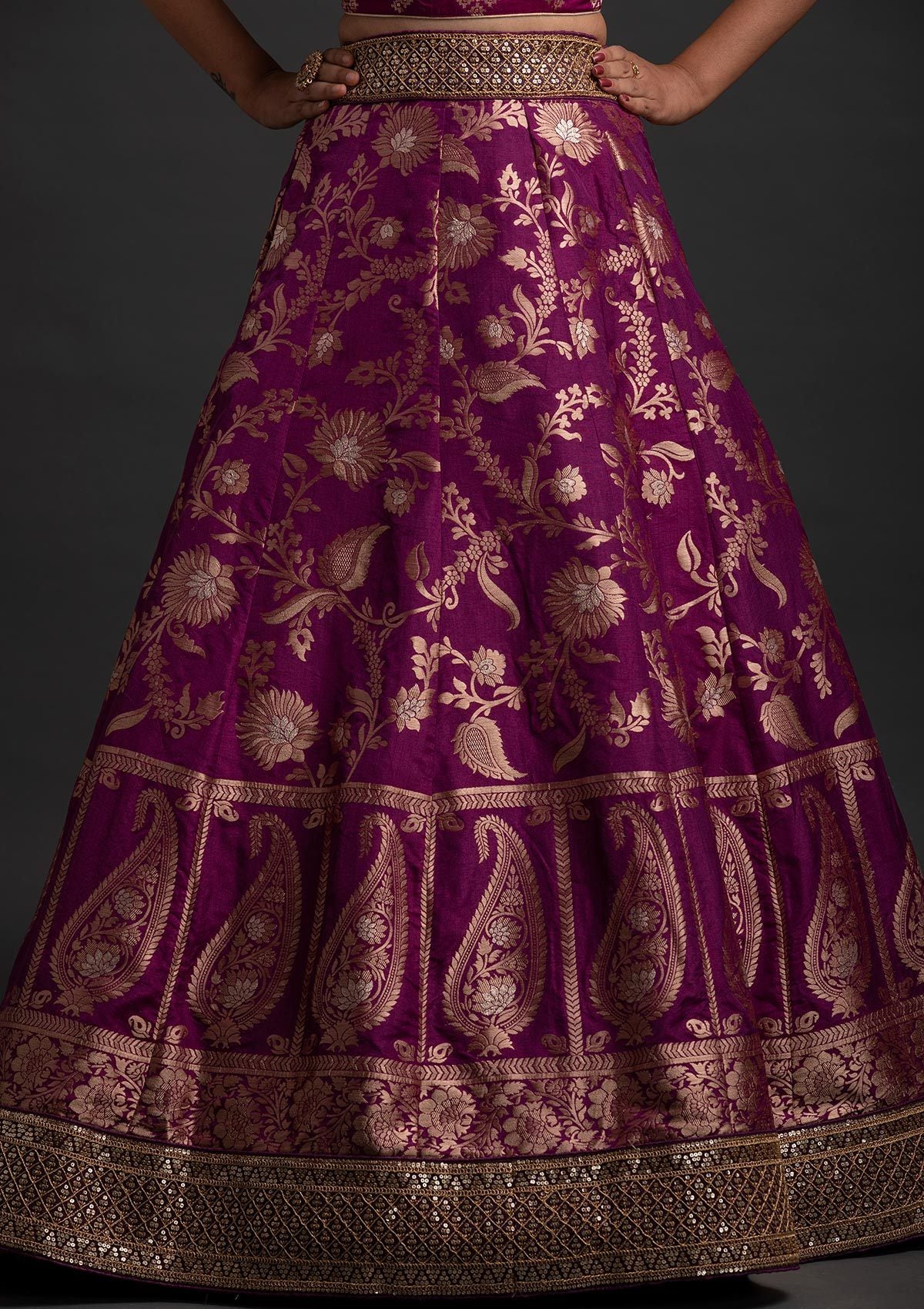Magenta Pink Sequins Banarasi Designer Semi-Stitched Lehenga - koskii