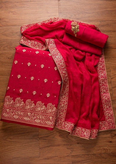 Magenta Pink Zariwork Semi Crepe Designer Unstitched Salwar Suit - koskii
