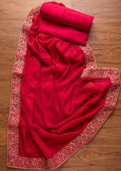 Magenta Pink Zariwork Semi Crepe Designer Unstitched Salwar Suit - koskii