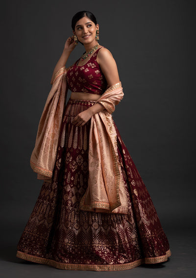 Maroon Gotapatti Banarasi Designer Semi-Stitched Lehenga - koskii