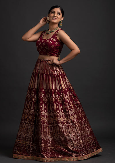 Maroon Gotapatti Banarasi Designer Semi-Stitched Lehenga - koskii