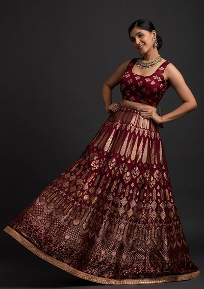 Maroon Gotapatti Banarasi Designer Semi-Stitched Lehenga - koskii