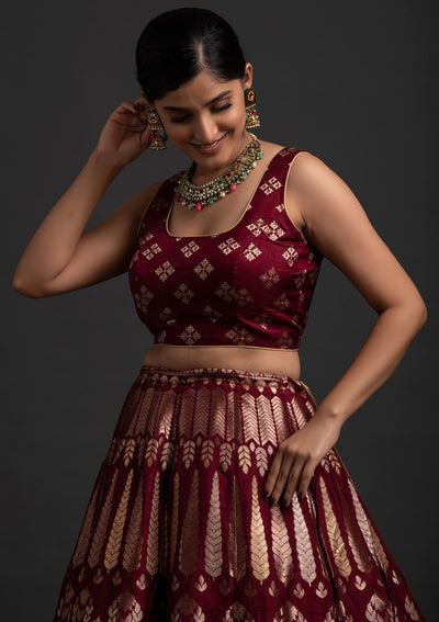 Maroon Gotapatti Banarasi Designer Semi-Stitched Lehenga - koskii