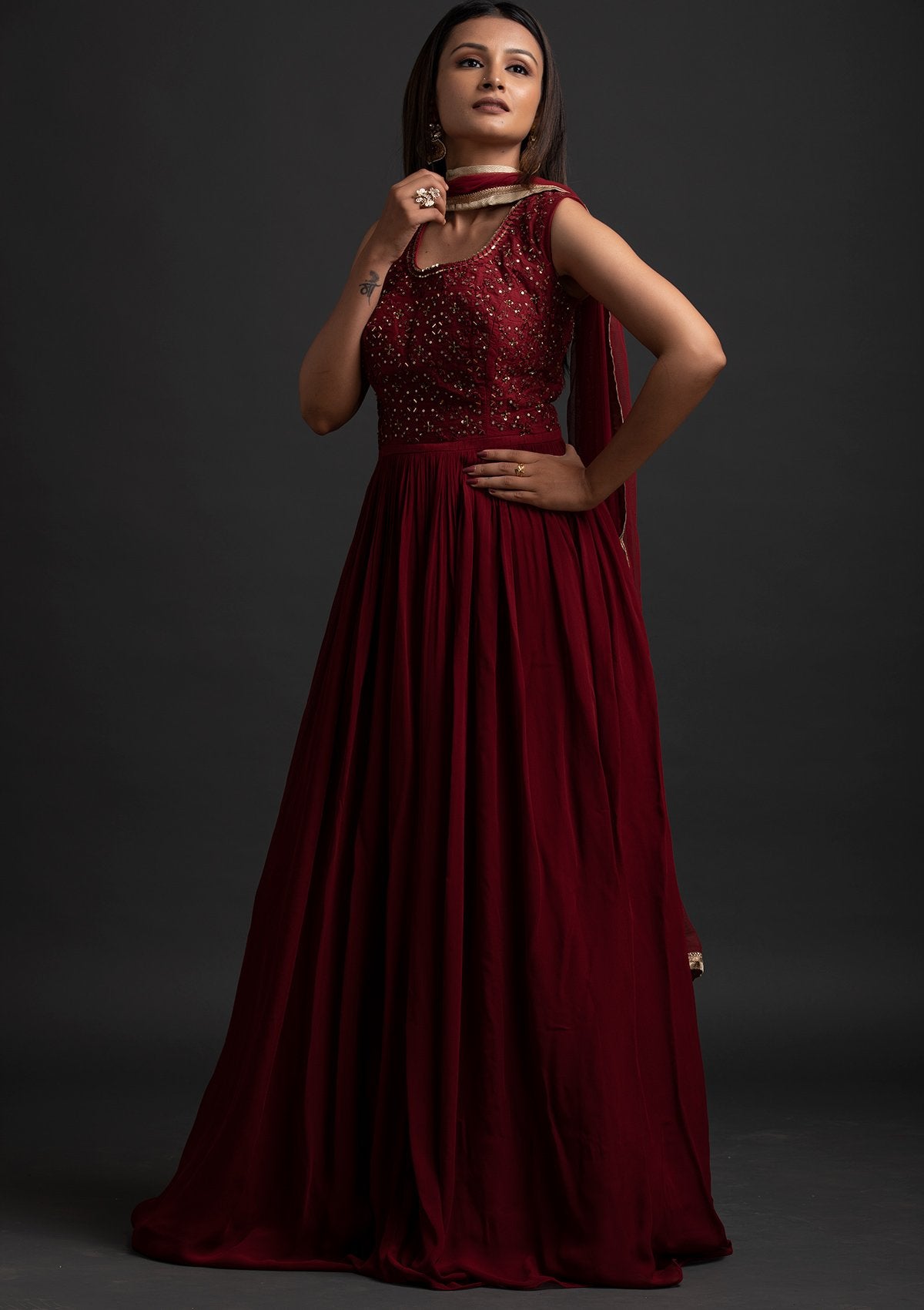 Maroon Mirrorwork Georgette Designer Gown - koskii