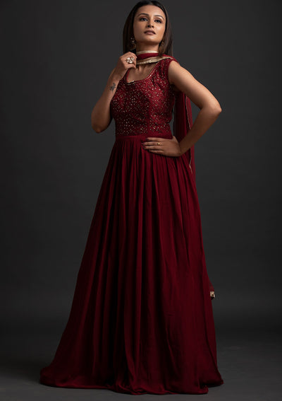Maroon Mirrorwork Georgette Designer Gown - koskii