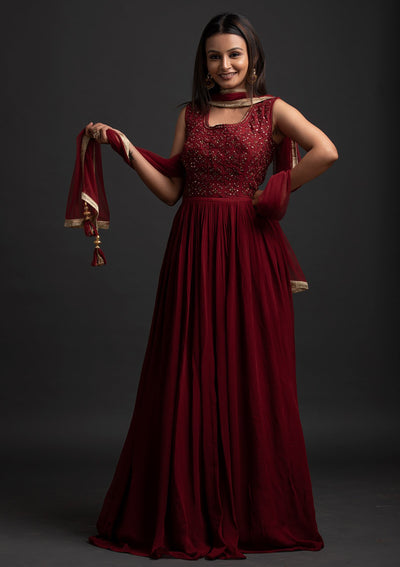 Maroon Mirrorwork Georgette Designer Gown - koskii