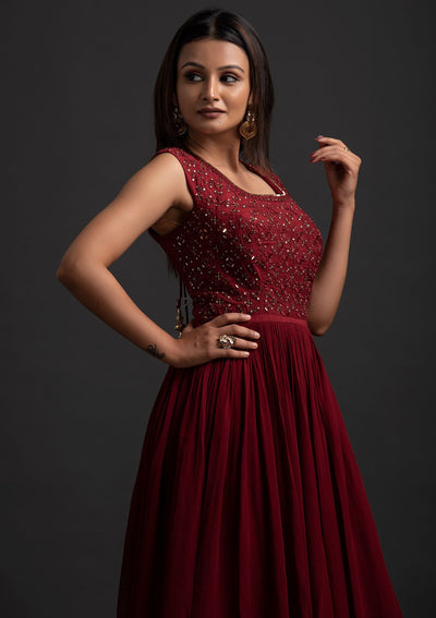 Maroon Mirrorwork Georgette Designer Gown - koskii