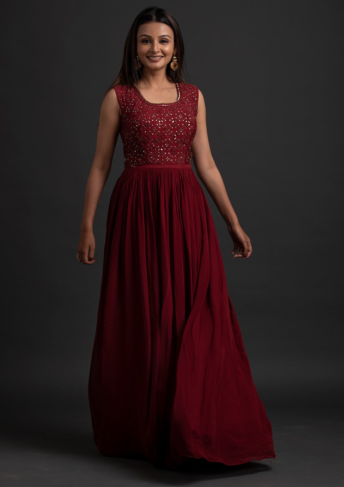 Maroon Mirrorwork Georgette Designer Gown - koskii