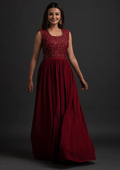 Maroon Mirrorwork Georgette Designer Gown - koskii