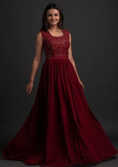 Maroon Mirrorwork Georgette Designer Gown - koskii