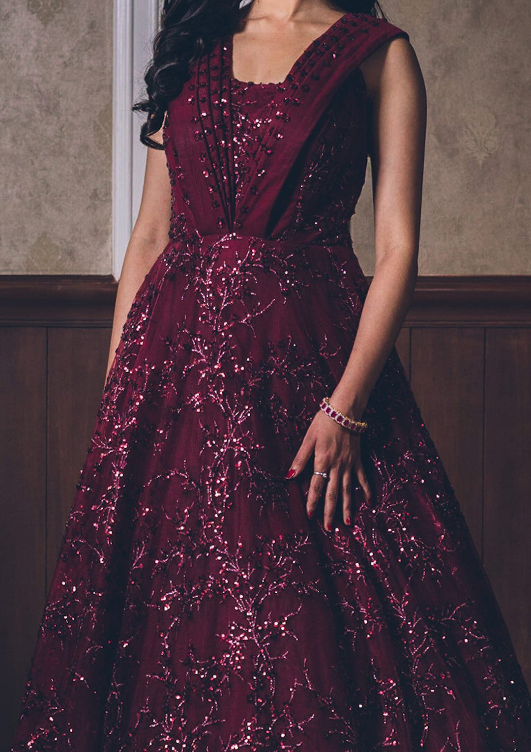 Maroon Sequins Net Designer Gown - koskii
