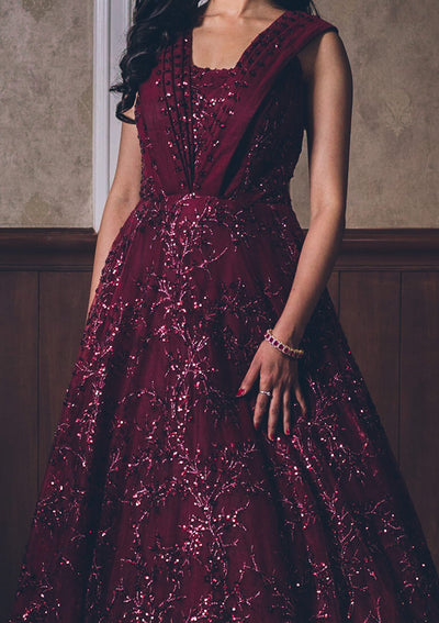 Maroon Sequins Net Designer Gown - koskii
