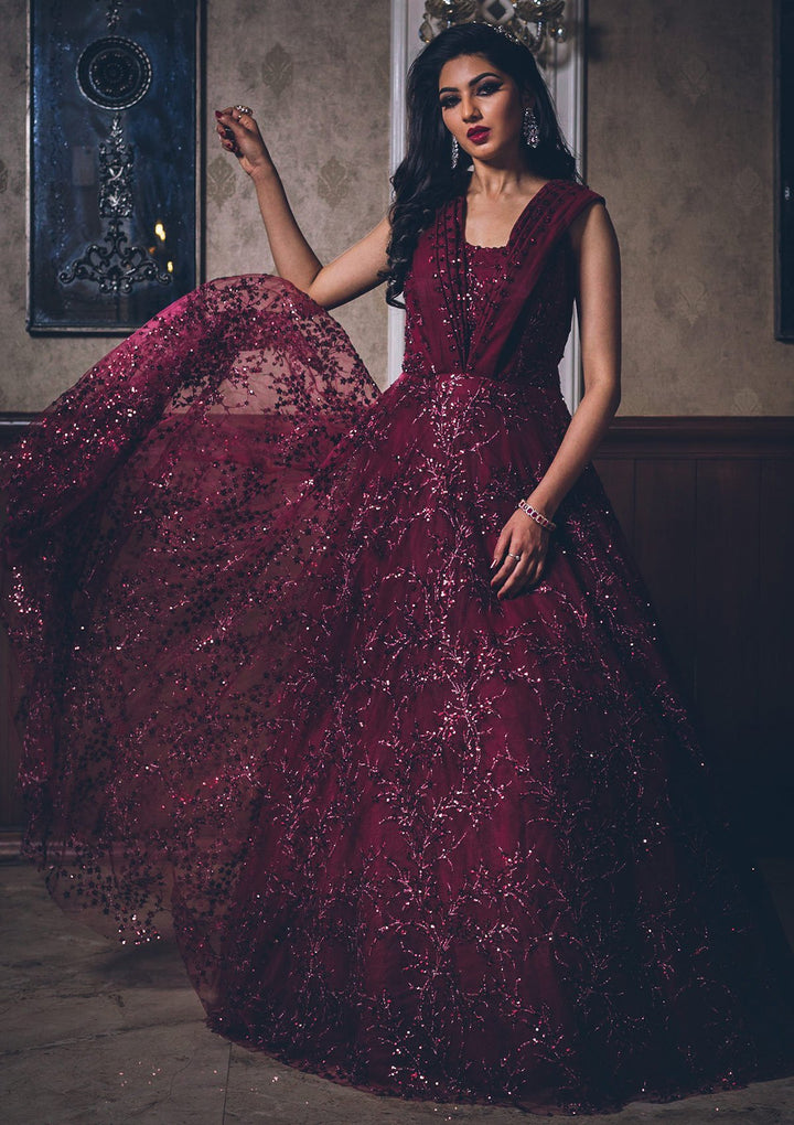 Maroon Sequins Net Designer Gown - koskii