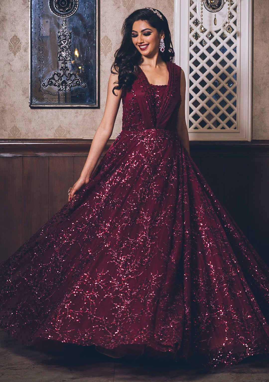 Maroon Sequins Net Designer Gown - koskii