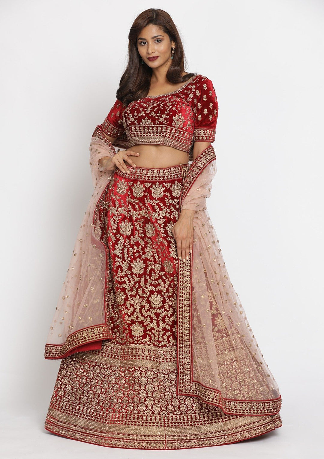 Maroon Stonework Velvet Designer Semi-Stitched Lehenga - koskii