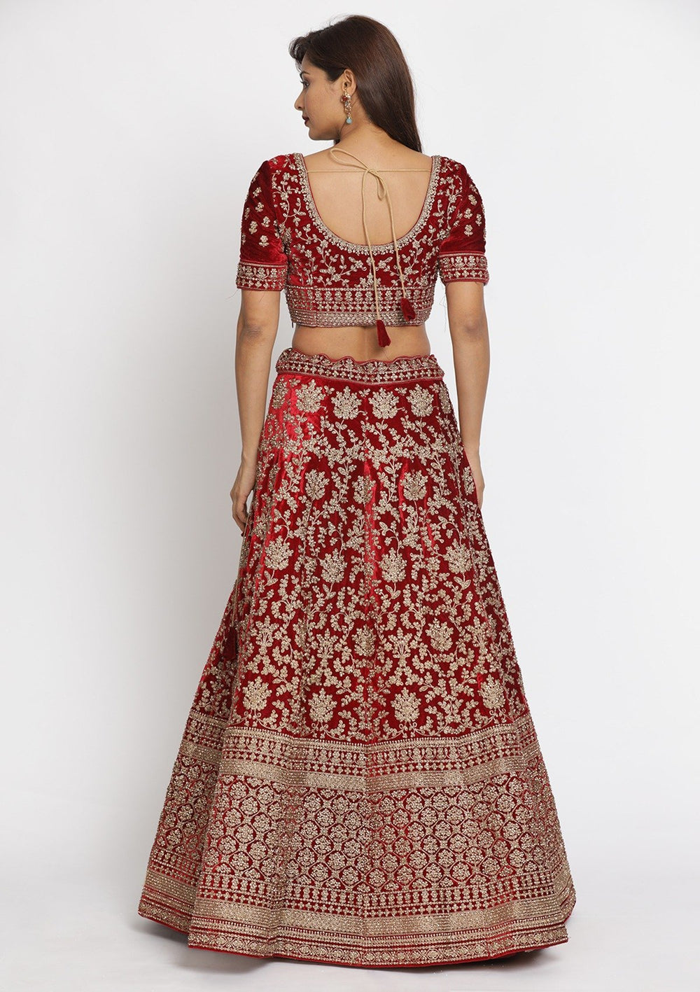 Maroon Stonework Velvet Designer Semi-Stitched Lehenga - koskii