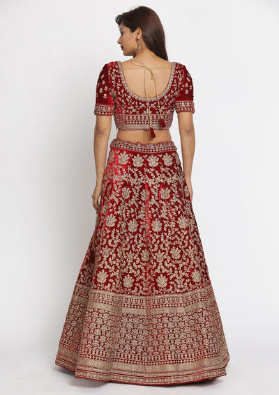 Maroon Stonework Velvet Designer Semi-Stitched Lehenga - koskii