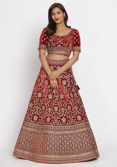 Maroon Stonework Velvet Designer Semi-Stitched Lehenga - koskii